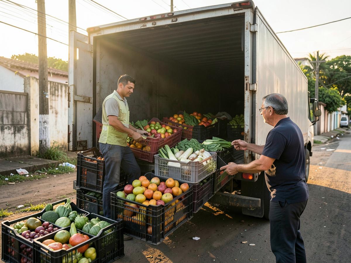 Entregador carregando caixas de hortifruti no caminhão
