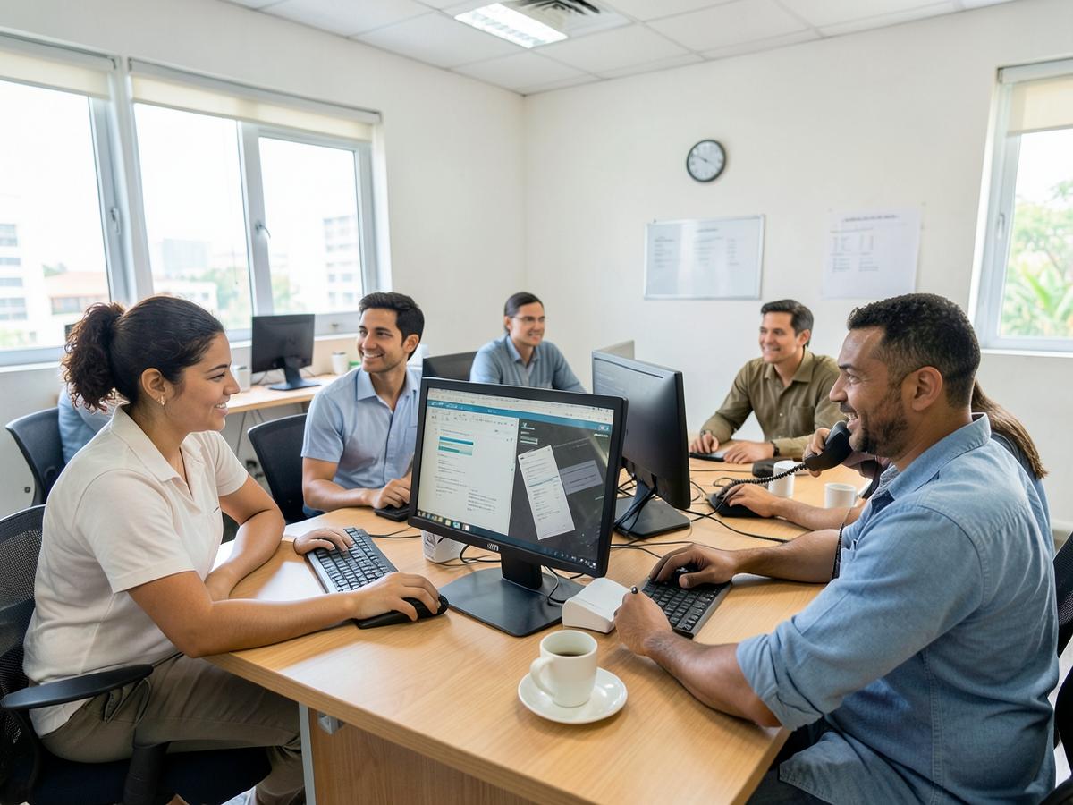 Equipe do escritório atendendo pedidos por telefone e computador