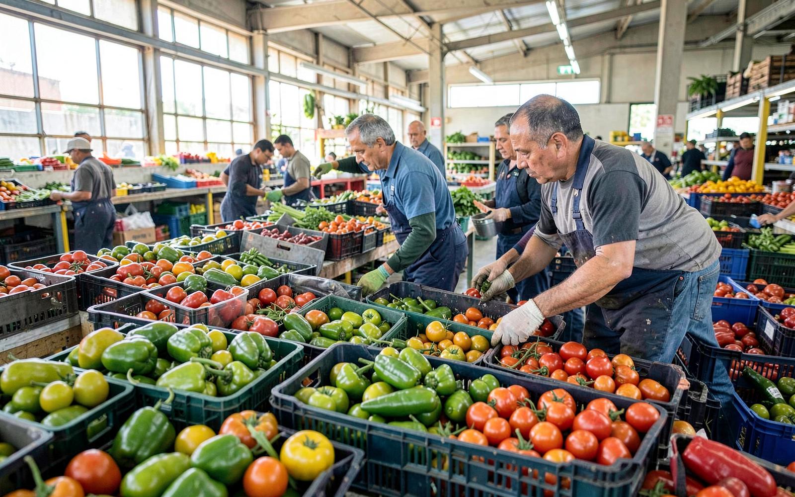 Equipe selecionando tomates e pimentões em caixas plásticas